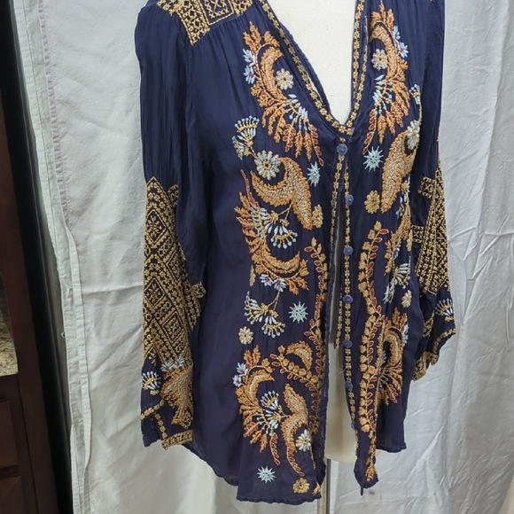 Johnny Was Embroidered Navy and Gold Open Front Jacket - Picture 3 of 13